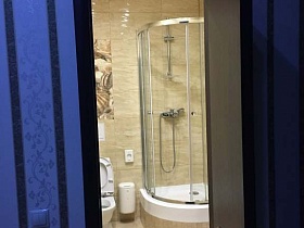 белый санузел, мусорное ведро и душевая кабина с прозрачным стеклом у стены с бежевой плиткой ванной комнаты через открытую дверь гостиничного номера