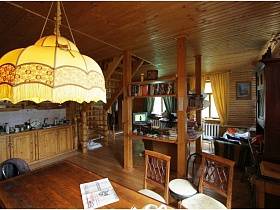желтый абажур светильника над деревянным обеденным столом, стулья со спинками в зоне кухни деревянной дачи музыканта