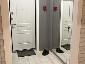встроенный шкаф-купе с зеркальными дверцами, обувь и черный коврик у белой входной двери в прихожую с серыми стенами дизайнерской студии однокомнатной квартиры маленького размера