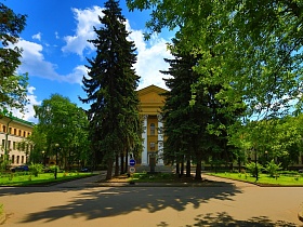 ровная чистая площадка между газонами с сочной зеленью, клумбами с цветами, высокими хвойными и лиственными деревьями усадьбы СССР