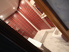 белый потолок и клетчатые красно коричневые стены совмещенной ванной комнаты из открытой двери современной двухкомнатной квартиры