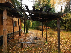 старая деревянная скамейка под разобранным навесом без крыши при небольшом деревянном домике отшельника у пруда