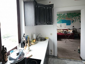 газовая поверхность и мойка на белой плите темнокоричневой кухни и подвеснной шкаф у двери в гостиную простой семейной квартиры