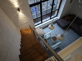 Вид с лестницы вниз на лофт стену, лофт квартира, двухъярусаная лофт квартира,