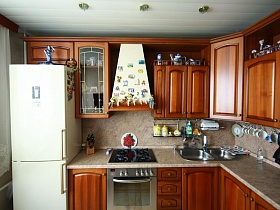 белый холодильник и коричневая стенка с многочисленной посудой на полках в кухне большой квартиры врача