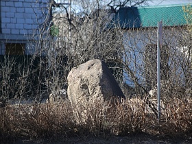 огромный камень на пустыре с кустарниками и высокой сухой травой напротив недостроенного дома в городке Сычево осенью