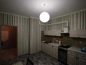 мебель на кухне цвета слоновой кости сочетается со светлыми стенами в полоску