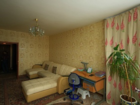 большой двухцветный диван с белыми мягкими подушками, стул и письменный стол у стены с бежевыми обоями, высокий комнатный цветок у окна с цветными шторами просторной гостиной трехкомнатной квартиры