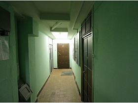 салатовые стены длинного коридора с жилыми квартирами на этаже, электрощитом и мусоропроводом в жилой многоэтажке