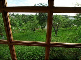 вид из окна веранды на садовый участок дачи у реки
