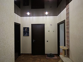 светлая прихожая с темными межкомнатными дверьми, темным зеркальным натяжным потолком, драпкой и ковриком для котика на полу дизайнерской квартиры