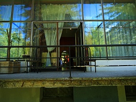 комнатный цветок в деревянной кадушке, два стула с высокой спинкой у открытых стеклянных дверей в здание гостиницы "Дубна" эпохи СССР