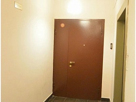входная дверь в современную квартиру в большом светлом холле лестничной площадки с лифтами
