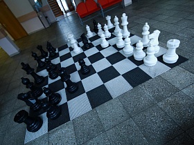 большие шахматные фигурки на шахматной доске в холле школы