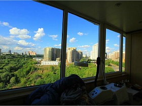 зеленый массив парка и жилой комплекс с высотными жилыми зданиями из окна застекленного балкона евро квартиры жилой современной многоэтажки