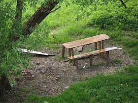деревянный стол и скамейка на поляне в окружении зеленой травы и деревьев