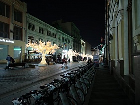 стоянка прокатных велосипедов на пешеходной улице Кузнечного моста с фонарями, стилизованными под светящееся дерево
