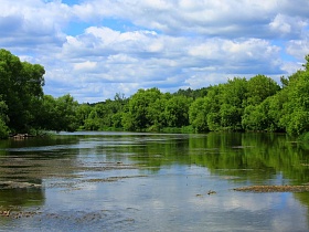 многочисленные каменистые островки выступают в мелководном устье петляющей реки среди густой зелени деревьев