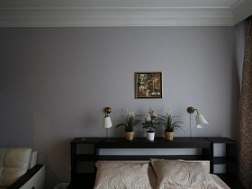 бра и комнатные цветы у изголовья кровати с подушками