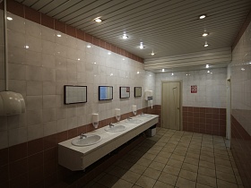 Рукомойники и зеркало в просторном общественном туалете