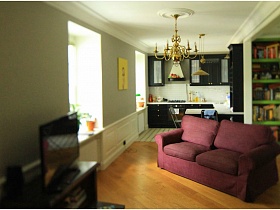 бардовый диван с подушкамии напротив окна и телевизор на тумбе на полу с коричневым линолеумом в гостиной зоне стильной двушки жилого дома