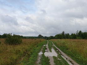 огромные лужи на проселочной дороге после дождя в зеленом поле под густыми серыми облаками на небе