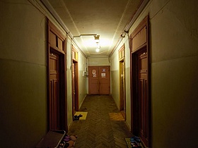 коричневые двери жилых комнат в  чистом коридоре ощежития