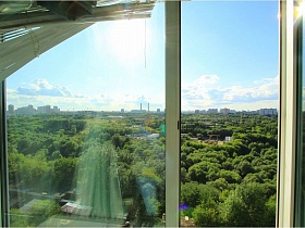 вид из окна евро квартиры современной многоэтажки на огромный зеленый парк и Москву
