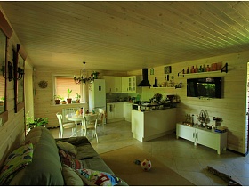 зона кухни и зона гостиной в просторной комнате первого этажа деревянной дачи работника кино с собачкой