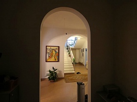 комнатный цветок в вазоне у белой стены с картиной, дорожка у лестницы с перилами в холле гостевого кирпичного дома сквозь арочный дверной проем