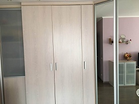 светлый угловой шкаф для одежды, шкаф-купе с зеркальными дверцами и шкаф с рифлеными стеклами у стены гостиной розового цвета двухкомнатной современной квартиры