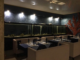 мягкие бежевые диваны вокруг сервированных столиков с синей скатертью рядом с большими аквариумами у темных стен с подсветкой в уютном зале ресторана