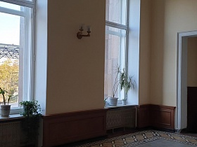 комнатные цветы в белых горшочках на подоконниках высоких окон уютного вестибюля сталинской высотки советской эпохи