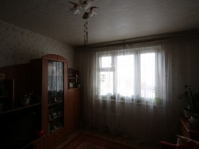 коричневая мебельная горка, коричневый комод на полу с красным цветным ковром в светлой комнате с белой подвесной люстрой на светлом потолке типичной современной квартиры