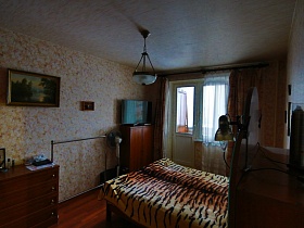 картина над комодом и телевизор на шкафчике  в леопардовой спальне стандартного дома