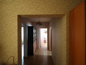 темный двухцветный шкаф в прихожей с открытыми дверными проемами в разные комнаты типовой трехкомнатной квартиры