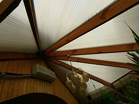 люстра с шарообразными плафонами под высоким сводом крыши застекленного балкона над открытой террасой семейной классической дачи
