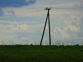 высокий деревянный столб с электрическими проводами вдоль зеленого берега реки