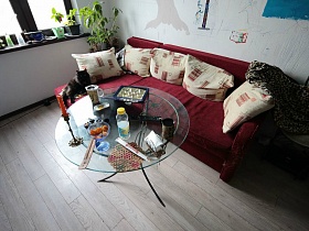 черный кот на углу мягкого вишневого дивана с подушками и круглый стеклянный столик с конфетами в коробке, печеньем в вазе, кружками в гостиной простой разрисованной семейной квартиры