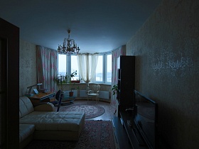 общий вид светлой гостиной с цветными шторами и белой гардиной по центру большого эркерного окна через открытую межкомнатную дверь современной квартиры
