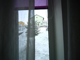вид из окна на участок в снегу с елью и соседние дома