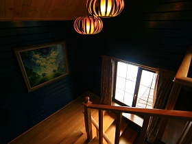 большая картирна в рамке на синей стене лестничной площадки с круглыми абажурами подвесных светильников на потолке