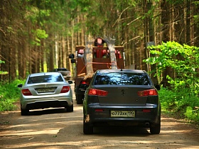 грузовые и легковые машины на ровной накатанной дороге в сосновом прозрачном лесу