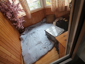 большая ветка сакуры в углу лоджии с одеялом и подушкой на полу в актерской трехкомнатной квартире