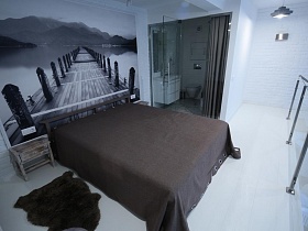 Лофт, Спальня, кровать в спальне лофт, ванная с видом на кровать, стеклянная ванна, рисунок на стене в лофт спальне