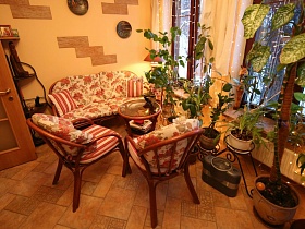 уютная зона отдыха с цветным диваном и креслами вокруг круглого журнального столика у комнатных цветов на лесной даче