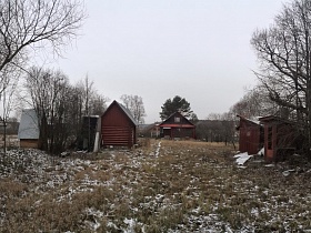 деревянные хозяйственные постройки на заросшем участке под снегом с деревянным домиком в деревне